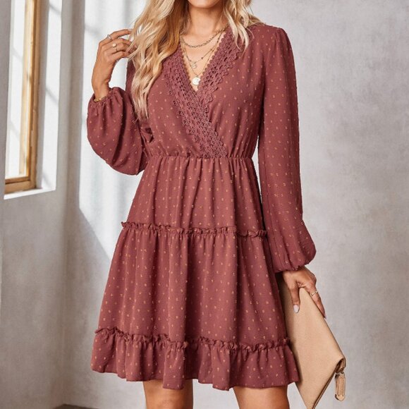 Boho Dress Mauve Long Sleeve Tiered Ruffle Mini Fall V Neck - Picture 1 of 3